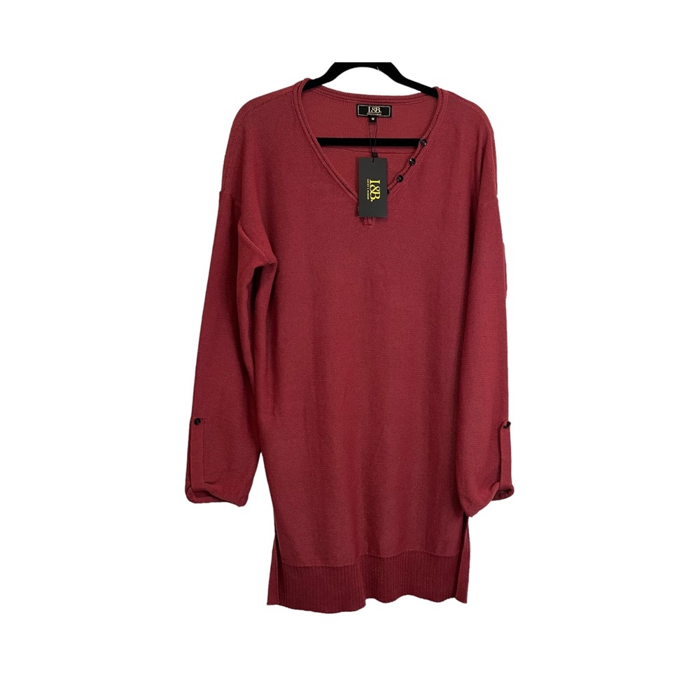 L&B Truly Madly Deeply V Neck Tunic Top Long Sleeve Burgundy Knit Womens Size M